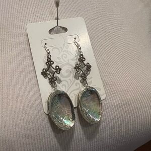 Small abalone shell earrings with silver tone edging
